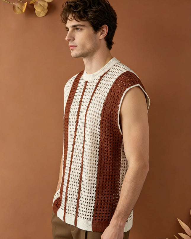 Men's Hollow-Out Knitted Striped Vest - Loose Fit