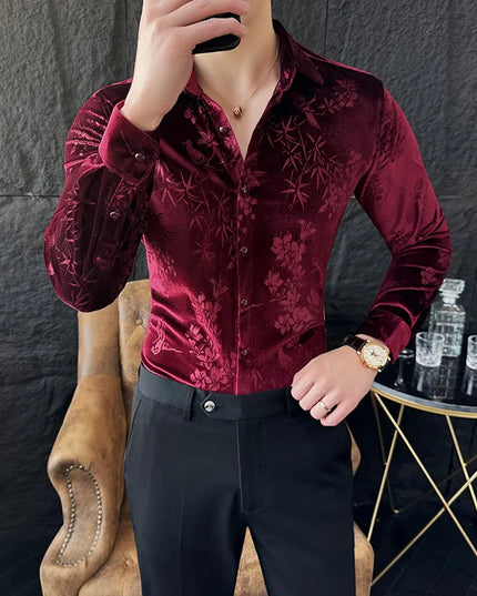 Luxury Velvet Shirt for Men - Slim Fit Casual Floral Design