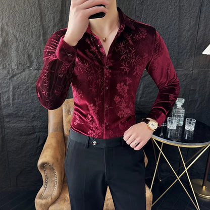 Luxury Velvet Shirt for Men - Slim Fit Casual Floral Design