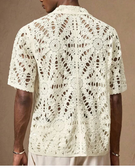 Men's Breathable Mesh Crochet Polo Shirt - Short-Sleeve Knitted Design