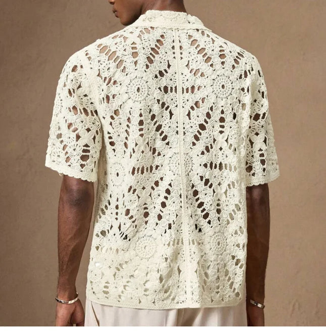 Men's Breathable Mesh Crochet Polo Shirt - Short-Sleeve Knitted Design