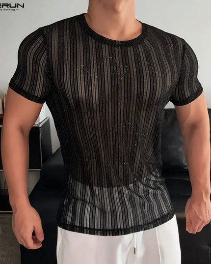 Incerun Men's Mesh See-Through Striped O-Neck T-Shirt