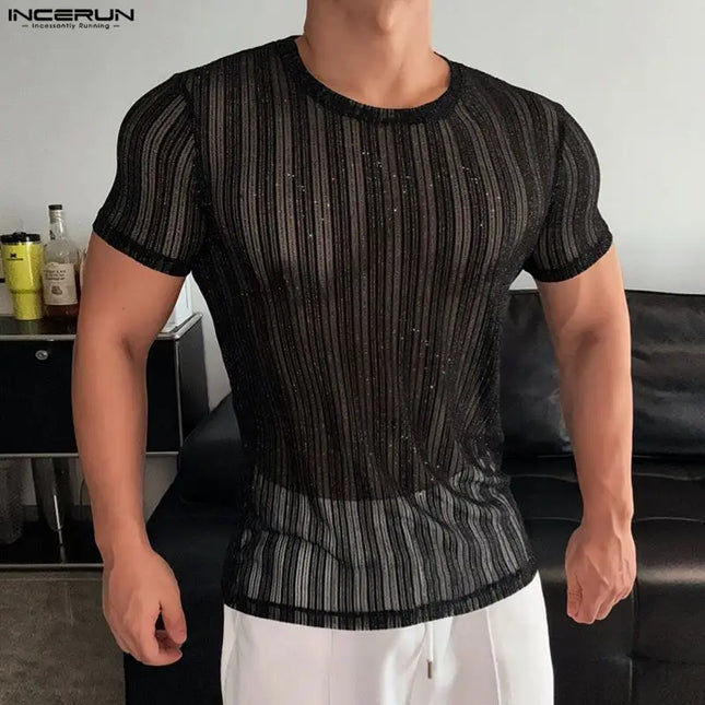 Incerun Men's Mesh See-Through Striped O-Neck T-Shirt