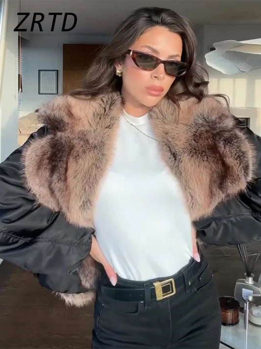 ZRTD Women's Faux Fur Patchwork Cropped Loose Lapel Jacket/Vest