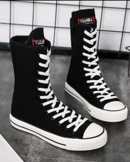 Women's Canvas Sneakers with Mid Tube Lace-Up Design and Side Zipper