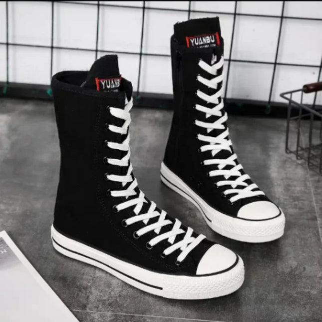 Women's Canvas Sneakers with Mid Tube Lace-Up Design and Side Zipper