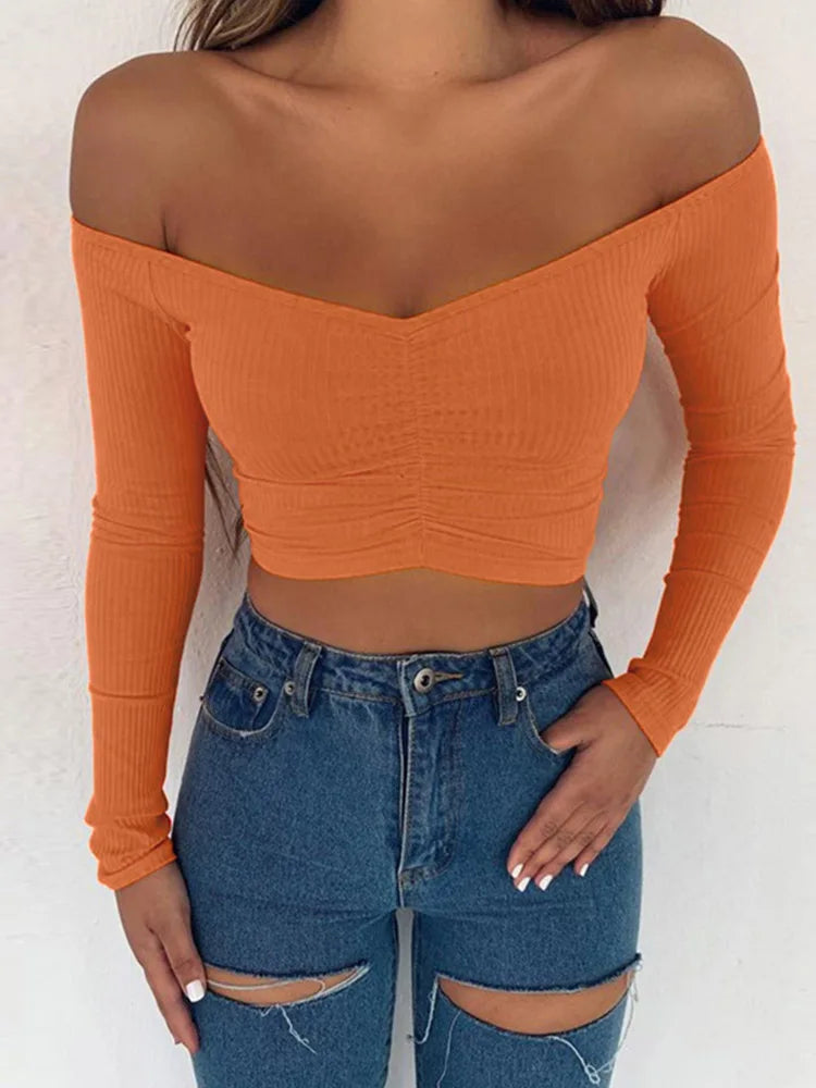 Women's Off-Shoulder Long Sleeve Cropped Top