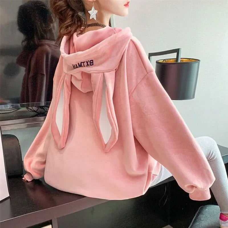 Women’s Fleece Thicken Hooded Pullover Sweater with Rabbit Ear Design