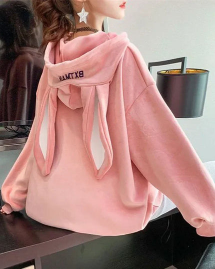 Women’s Fleece Thicken Hooded Pullover Sweater with Rabbit Ear Design