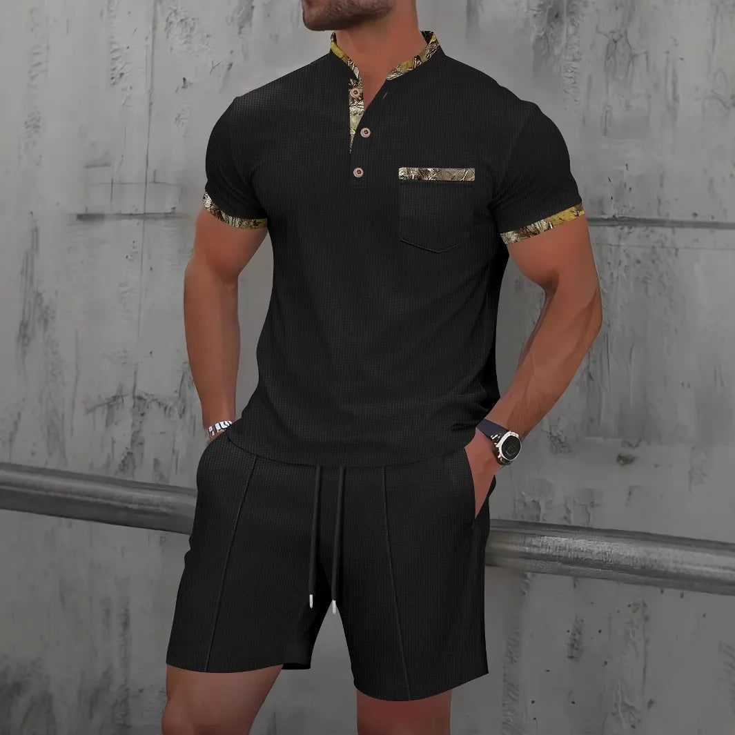Men's Two-Piece Zip-Up Lapel T-Shirt and Shorts Set - Casual Summer Activewear