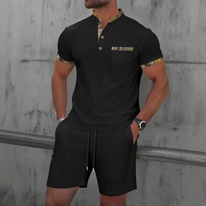 Men's Two-Piece Zip-Up Lapel T-Shirt and Shorts Set - Casual Summer Activewear