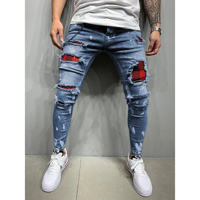 Men's Skinny Slim Fit Ripped Denim Jeans with Stretch, Hole & Patchwork Design