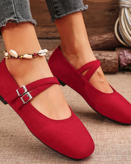 Double Buckle Women’s Square Toe Mary Jane Flats in Faux Suede