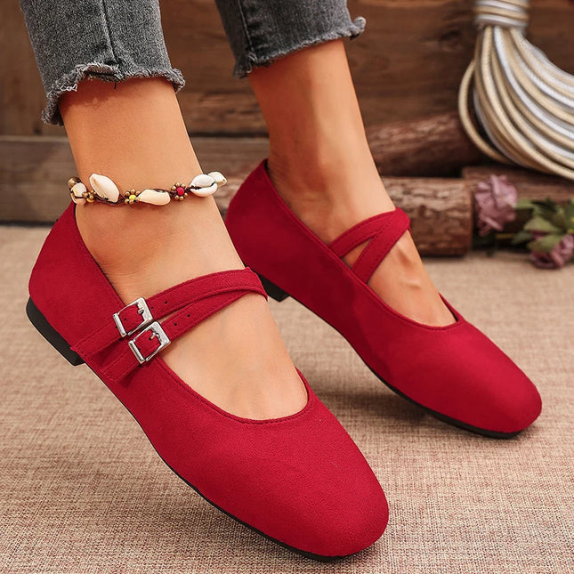 Double Buckle Women’s Square Toe Mary Jane Flats in Faux Suede