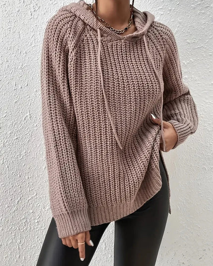 Women's Hooded Sweater with Raglan Sleeves and Split Hem Design