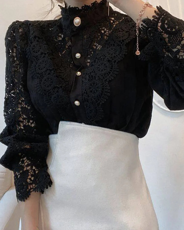 Elegant Women's Chiffon Turtleneck Blouse with Floral Lace Details