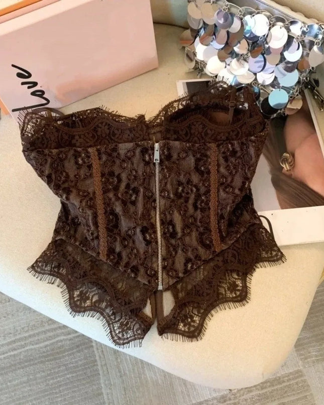 Women's Elegant Sheer Lace Camisole with Sleeveless Fishbone Design