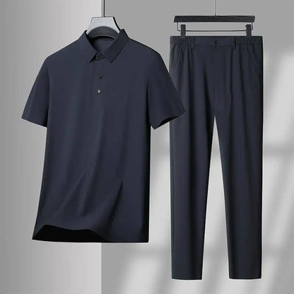 Men's Two-Piece Relaxed Ice Silk Stan Collar T-Shirt and Pants Set