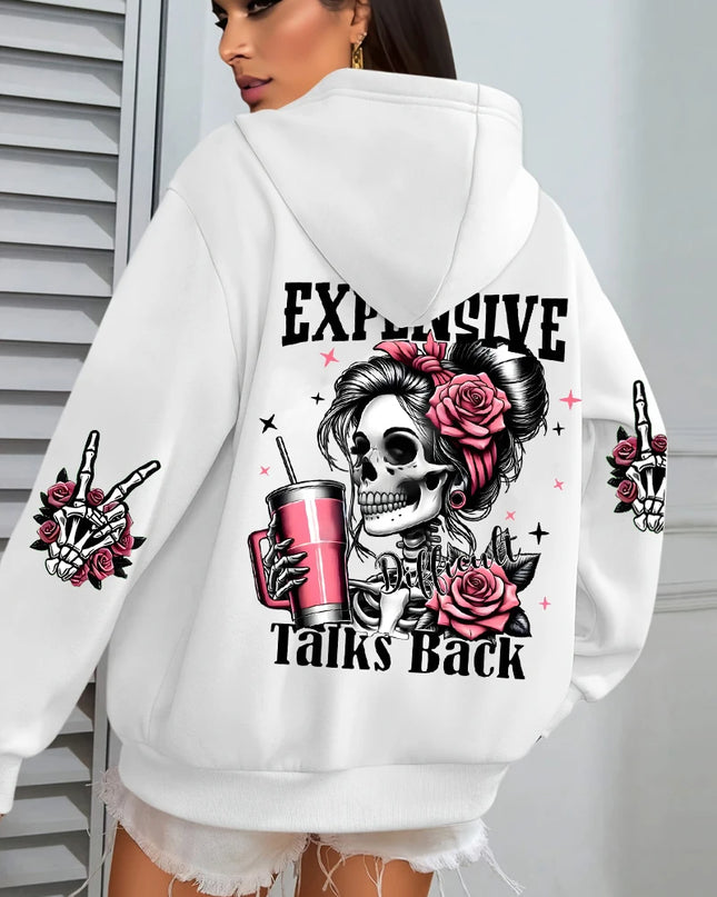 Women's "Expensive Talks Back" Printed Hoodie Sweater - Loose Fit