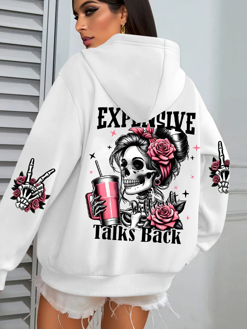Women's "Expensive Talks Back" Printed Hoodie Sweater - Loose Fit