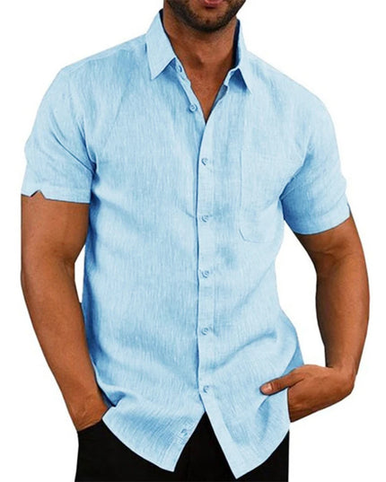 Casual Men's Short-Sleeved Cotton Linen Shirt with Turn-down Collar