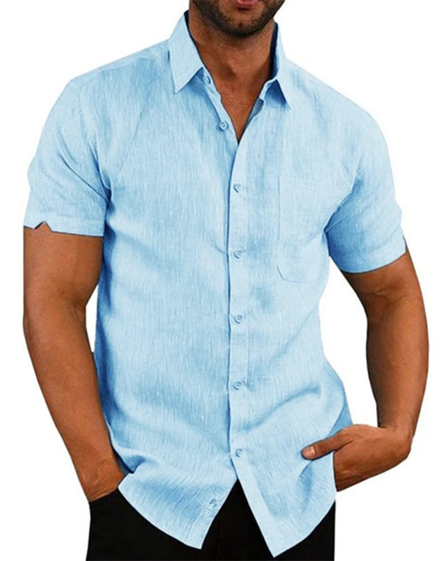 Casual Men's Short-Sleeved Cotton Linen Shirt with Turn-down Collar