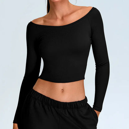 Women’s Off-Shoulder Long Sleeve Yoga Sweater - Quick-Dry, Cropped Fitness Top