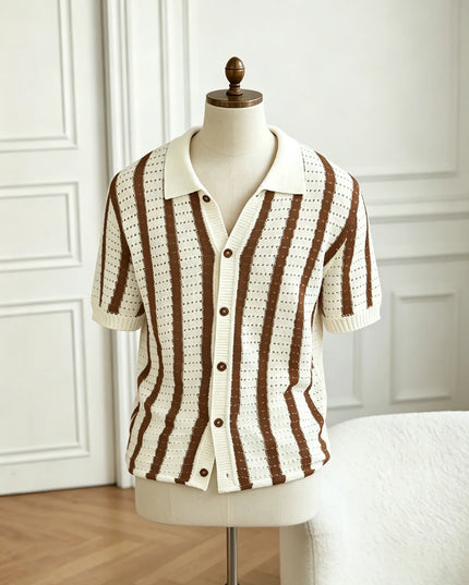 Men's Short Sleeve Striped Knit Polo Shirt - Button-Down Mesh Fabric