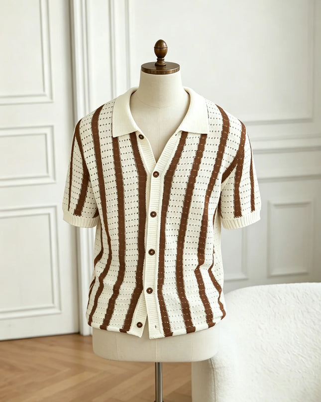 Men's Short Sleeve Striped Knit Polo Shirt - Button-Down Mesh Fabric