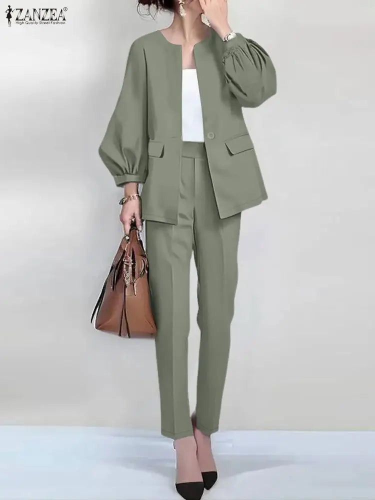 ZANZEA Women's 2-Piece Lantern Sleeve Blazer and Pants Set