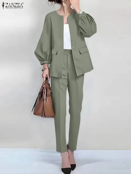 ZANZEA Women's 2-Piece Lantern Sleeve Blazer and Pants Set