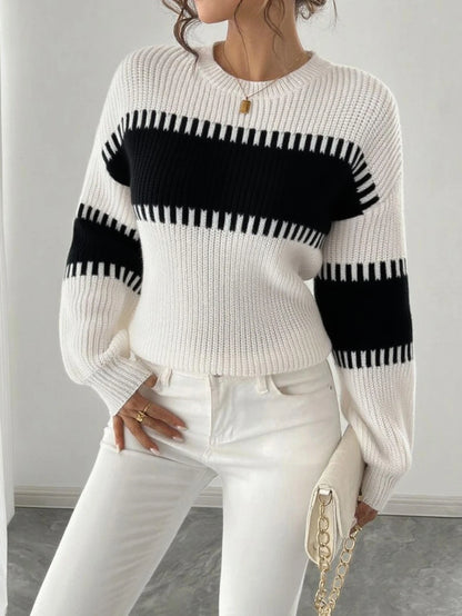 Women's Knit Sweater Top, Round Neck, Casual & Elegant
