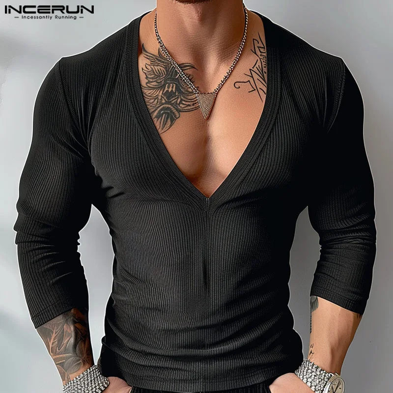 Incerun Men's Knitted Deep V-Neck Casual Sweater