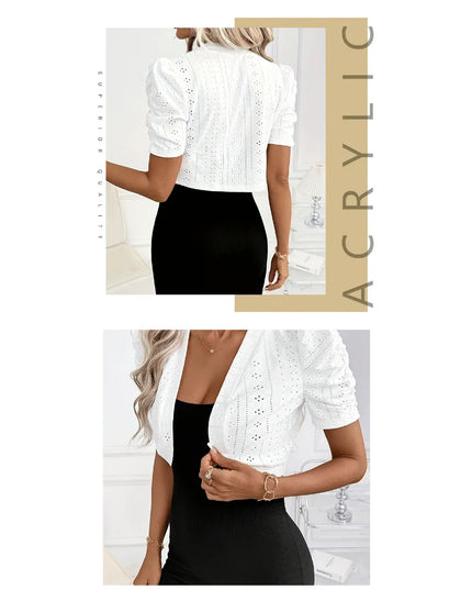 Women's Short Puff Sleeve Shrug Bolero Cardigan with Open Stitch, Cropped Hollow-Out Knitted Design