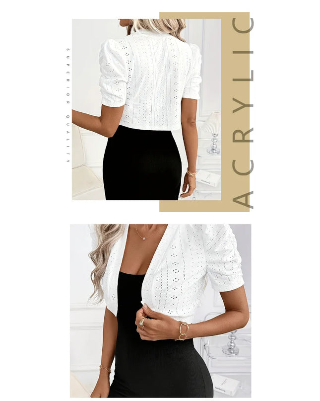 Women's Short Puff Sleeve Shrug Bolero Cardigan with Open Stitch, Cropped Hollow-Out Knitted Design