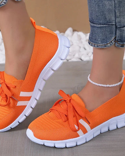 Women's Striped Lace-Up Trainers - Breathable Sneakers with Soft Sole