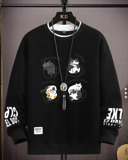 Men's Sweater with Japanese Cartoon Cat Print - Various Colors