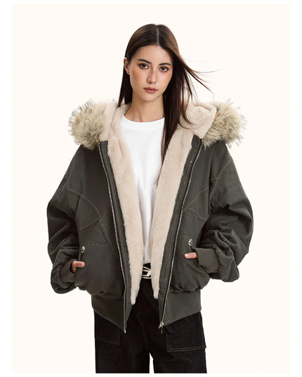 Unisex Fur Collar Hooded Parkas - Thicken Padded Casual Jackets with Zipper