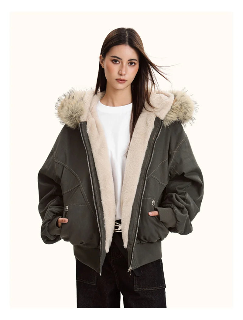 Unisex Fur Collar Hooded Parkas - Thicken Padded Casual Jackets with Zipper