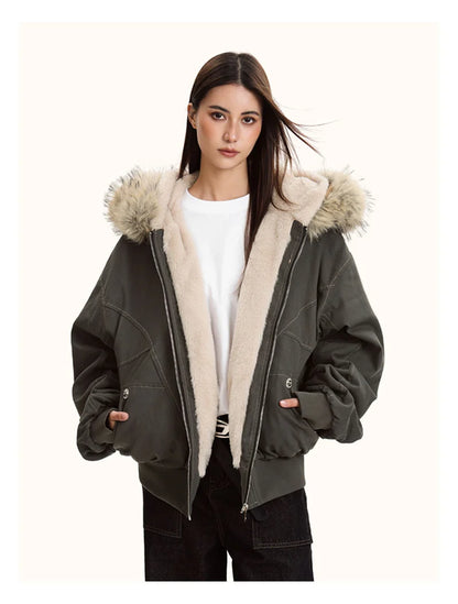 Unisex Fur Collar Hooded Parkas - Thicken Padded Casual Jackets with Zipper