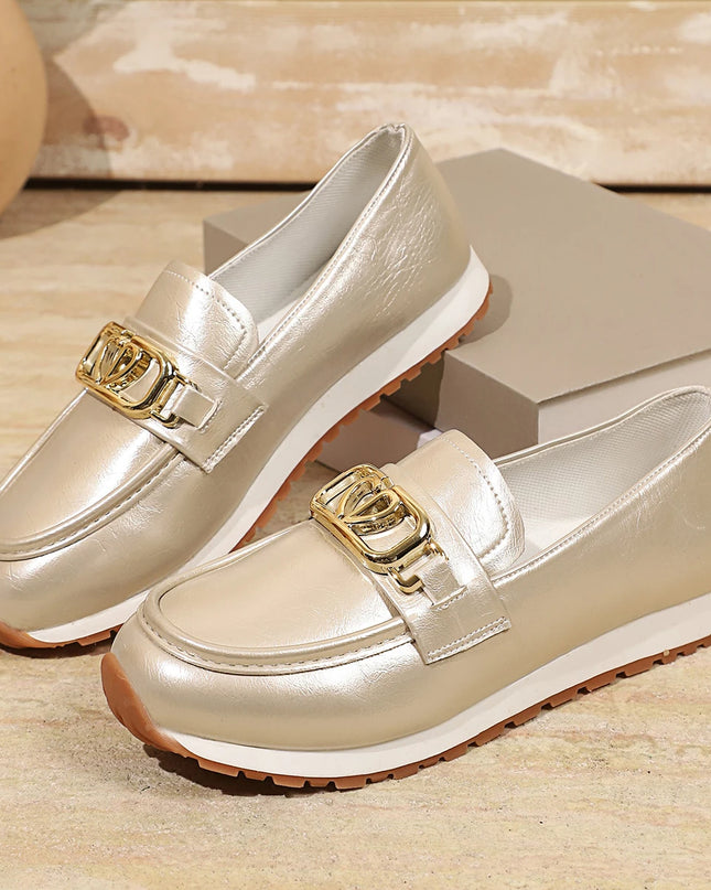 Metal Buckle Faux Leather Women's Flat Heel Shoes