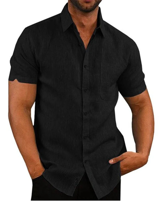 Casual Men's Short-Sleeved Cotton Linen Shirt with Turn-down Collar