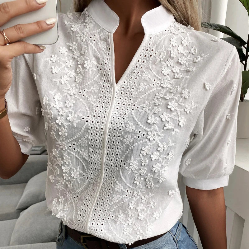 Embroidered White Lace Blouse for Women