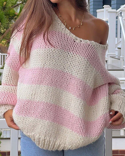 Oversized Women's Striped Chunky Knit Sweater with Drop Shoulders