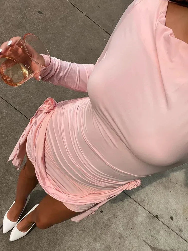 Women's Floral Pleated Long Sleeve Mini Dress with Bandage Slim Fit