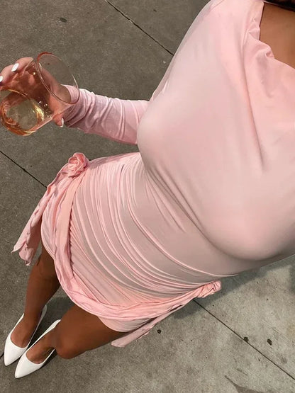 Women's Floral Pleated Long Sleeve Mini Dress with Bandage Slim Fit