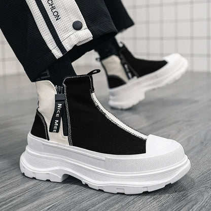Men's High-Top Canvas Sneakers with Thick Soles and Side Zipper