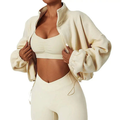 Women Crop Coat   Casual Fleece Jacket   With Stand Collar Loose Lined Outerwear