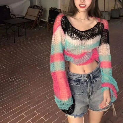 Women's Hollow-Out Knit Cropped Sweater with Backless Design