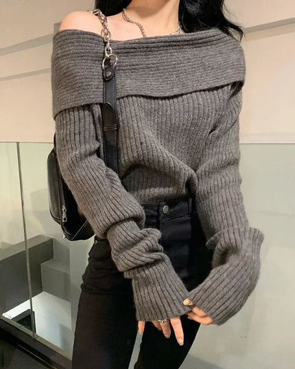 Women's Slash Neck Knitted Sweater - Off-Shoulder Long Sleeve, Thick & Slim Fit Pullover